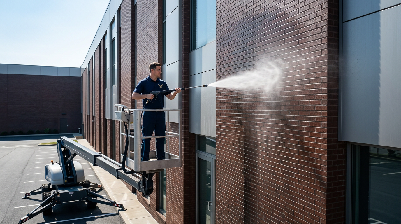 Nationwide Maintenance technician power washing a brick commercial facade from a lift