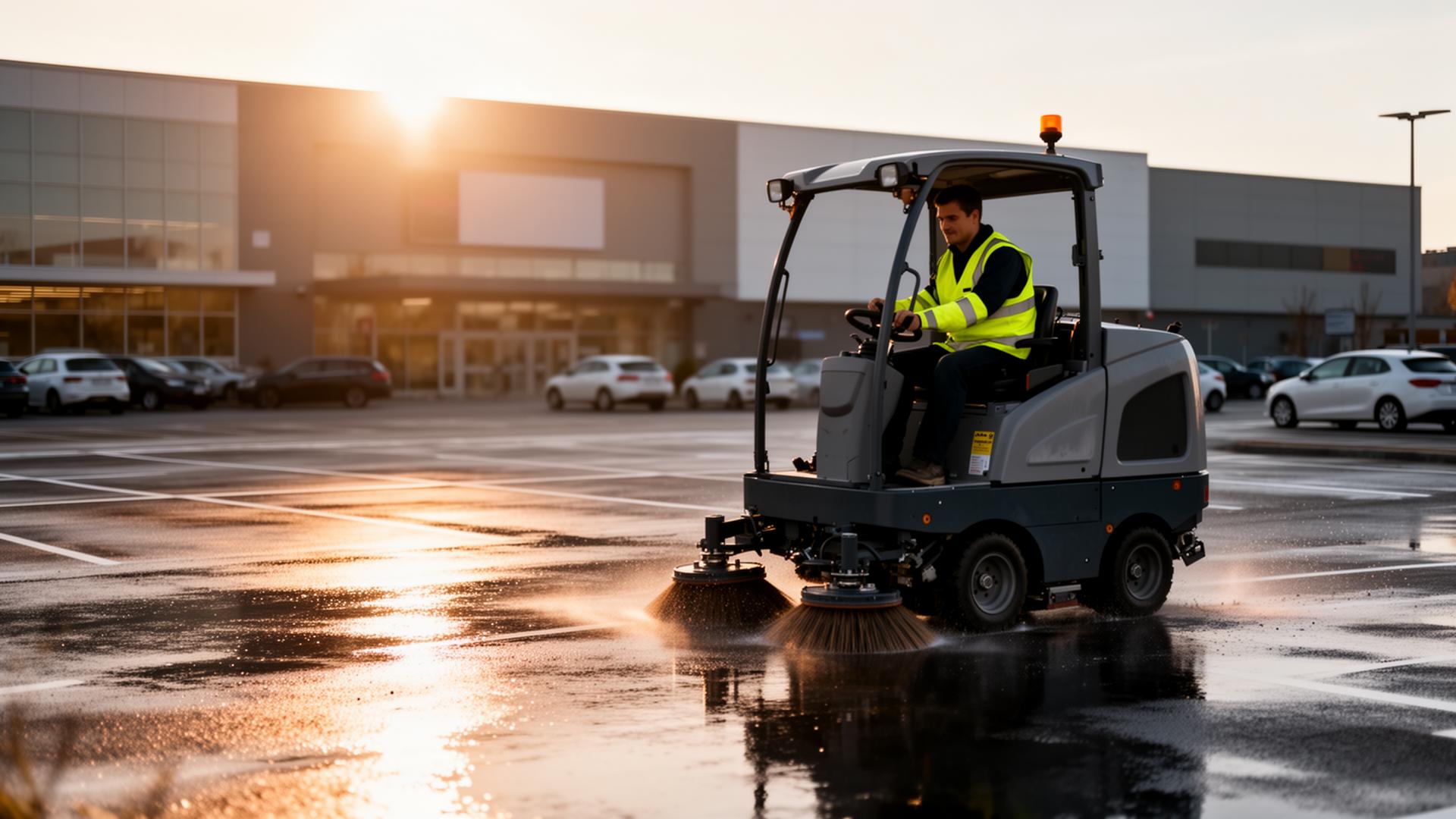 Commercial parking lot being swept and pressure washed