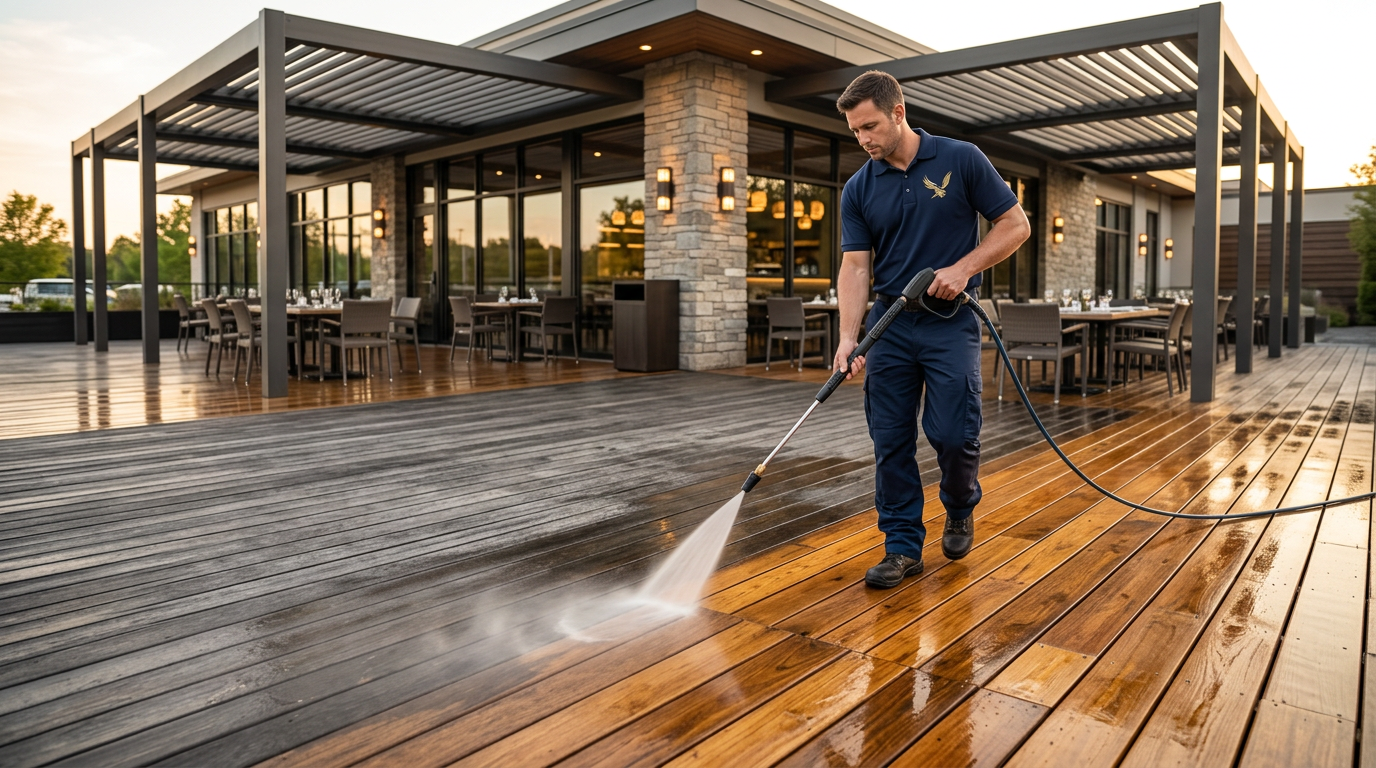 Nationwide Maintenance technician pressure washing a commercial deck patio