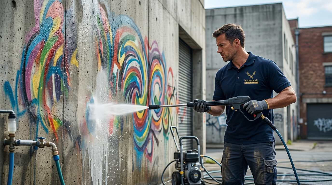 Nationwide Maintenance technician pressure washing abstract graffiti from a concrete wall