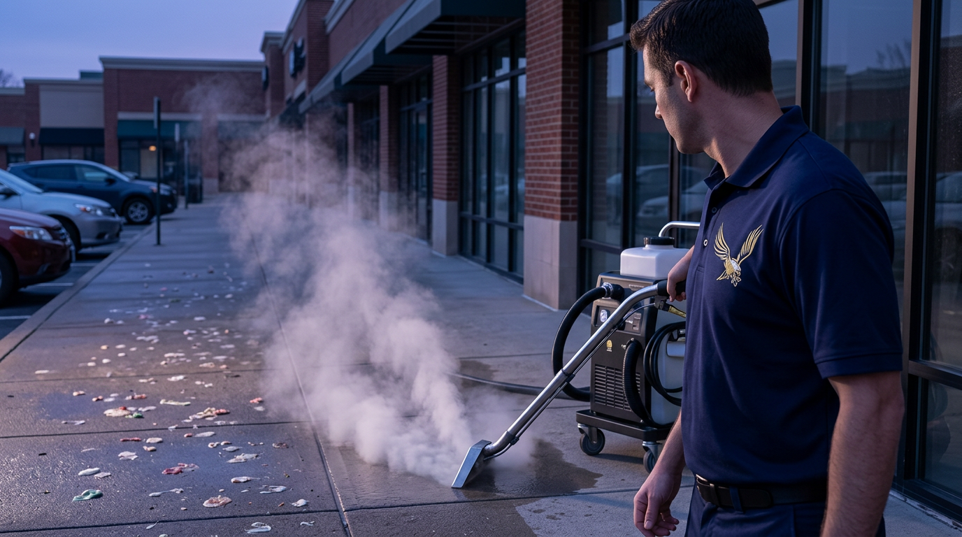 Nationwide Maintenance technician using steam extraction for gum removal on a sidewalk