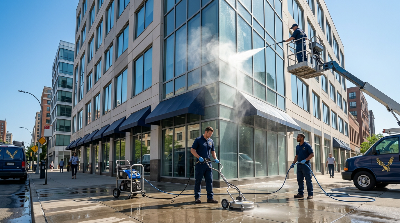 Nationwide Maintenance power washing crew cleaning a commercial building exterior