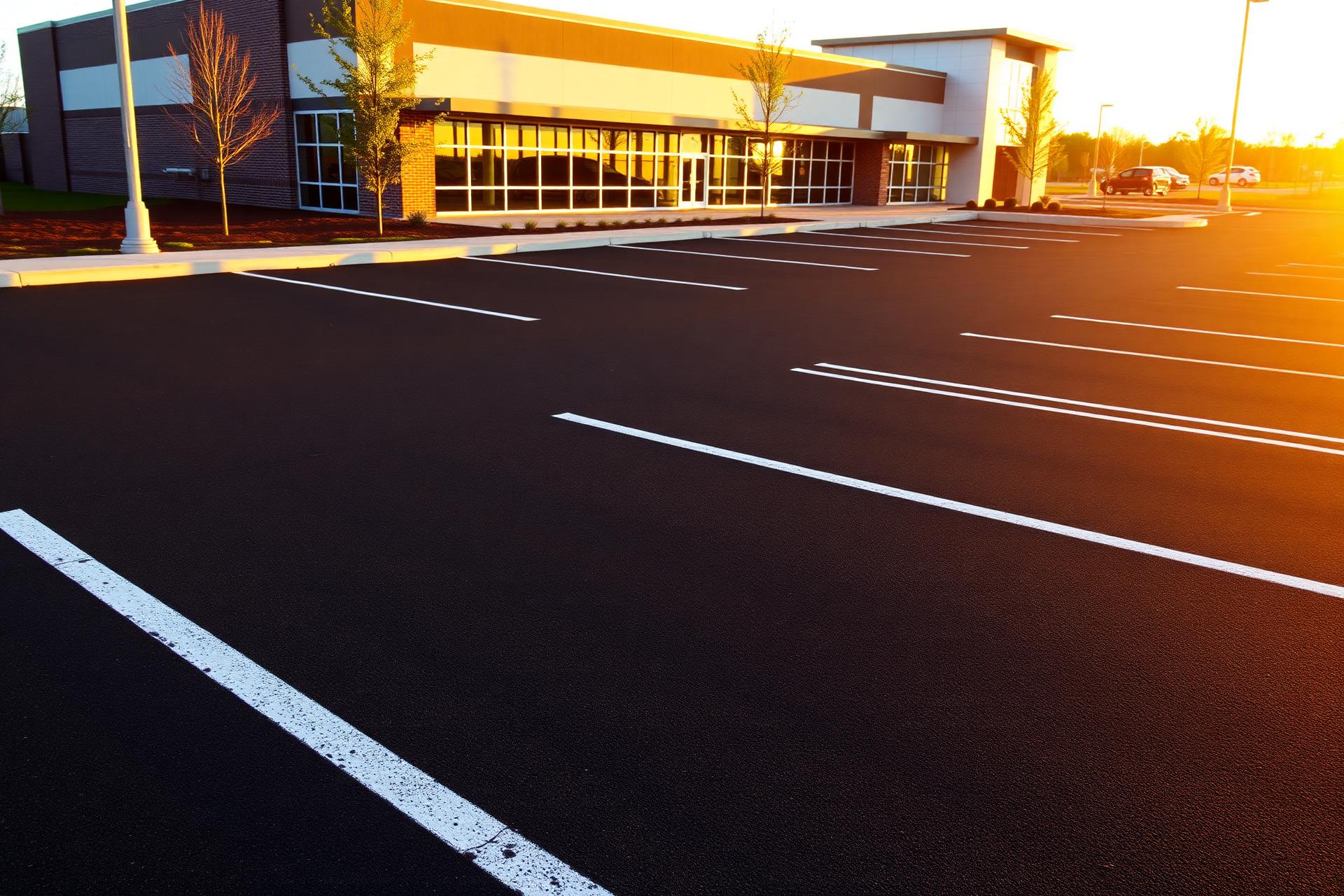 Freshly sealcoated commercial parking lot with crisp white line striping