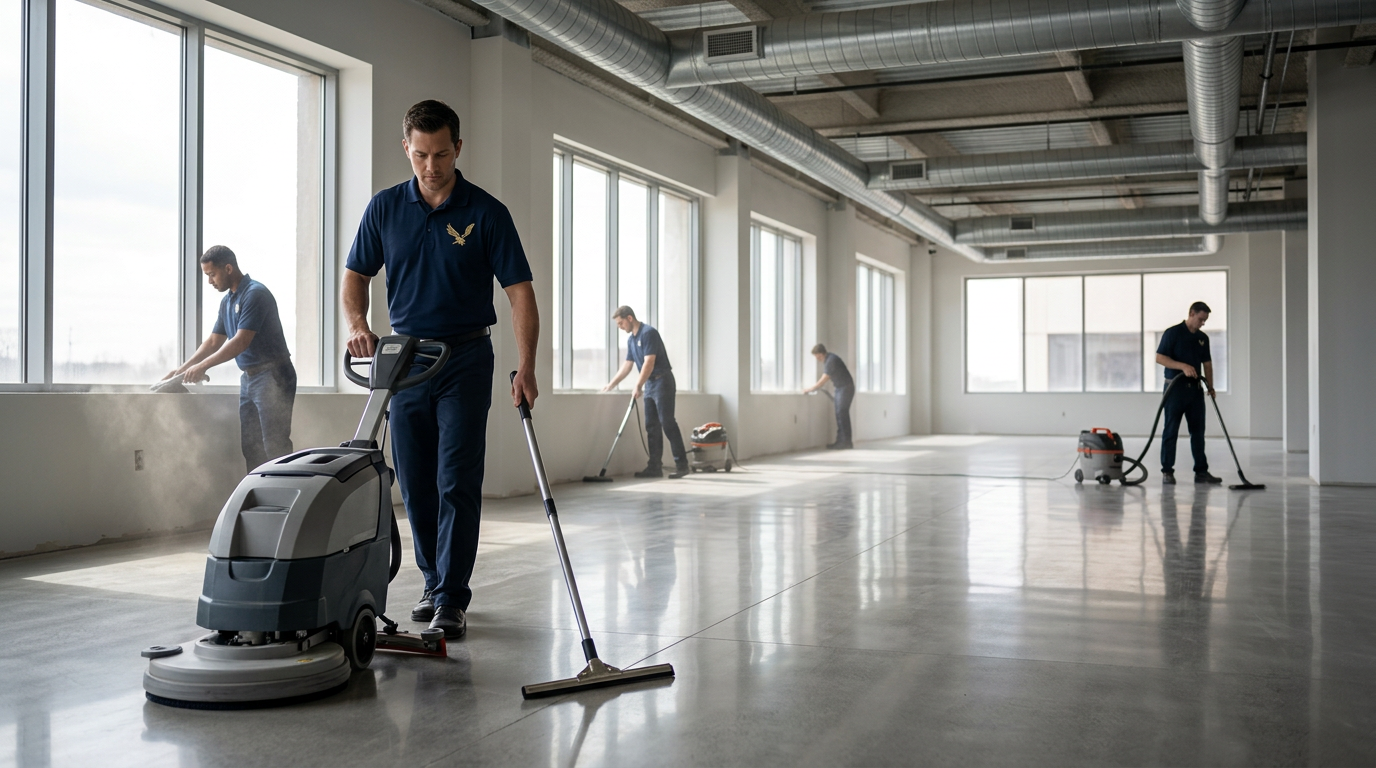 Nationwide Maintenance crew performing post-construction cleanup in a newly built commercial space