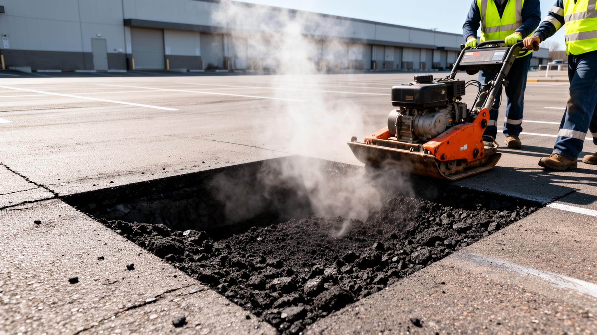 Crew performing full-depth pothole repair in a commercial parking lot