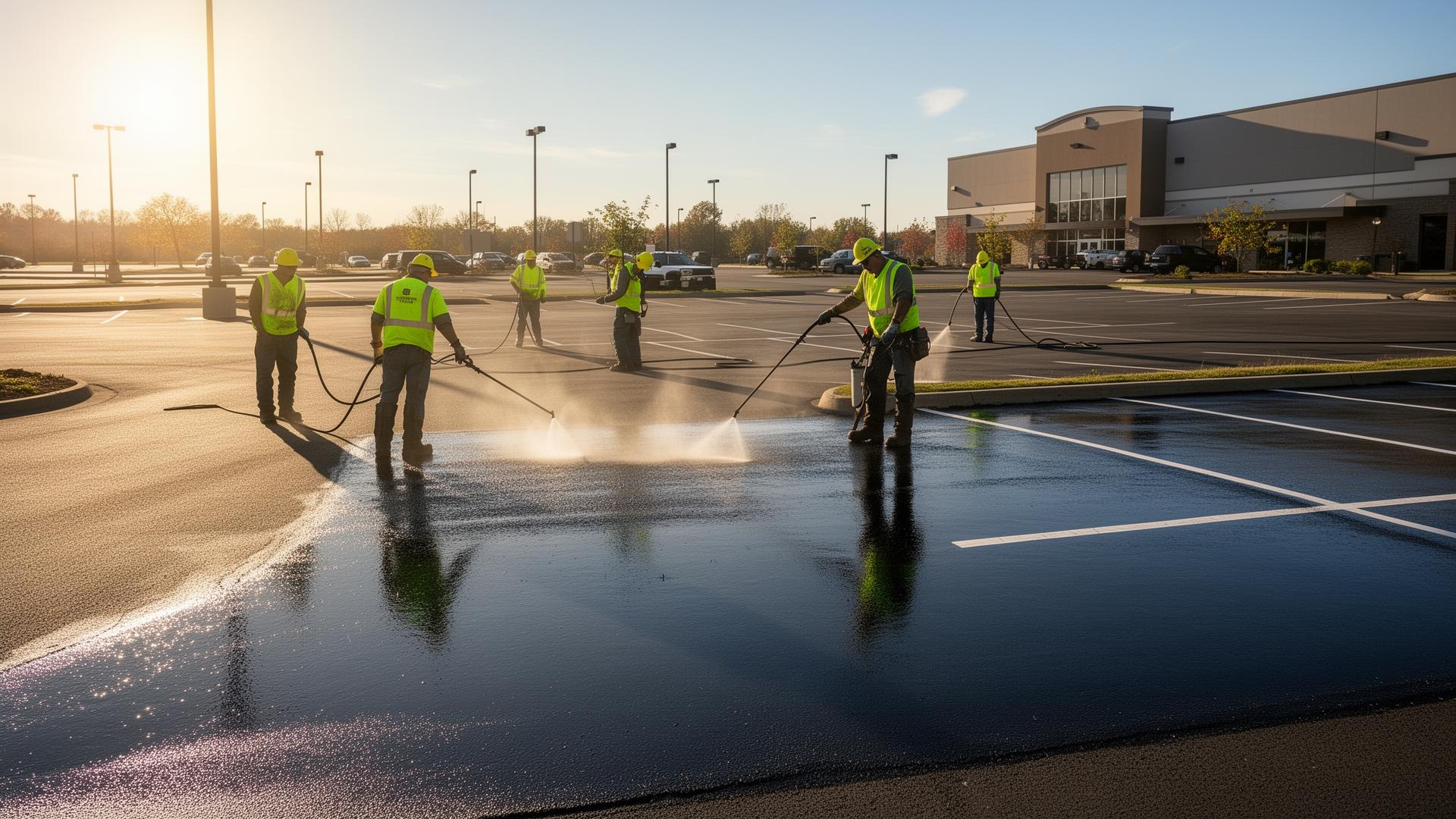 Freshly sealcoated commercial parking lot with rich black asphalt finish