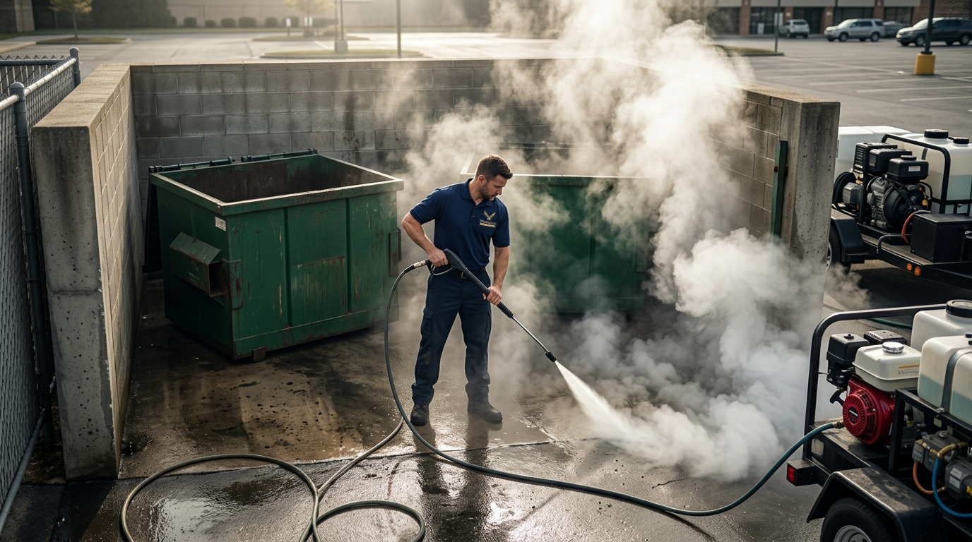 Nationwide Maintenance technician steam cleaning a commercial dumpster enclosure
